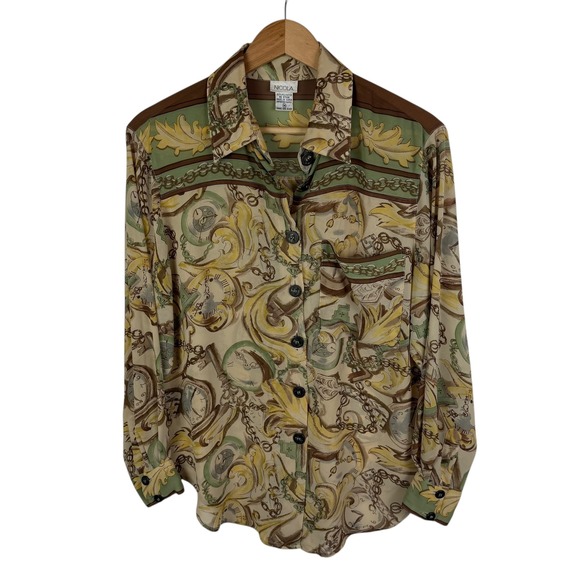 NICOLA Tops - VTG Nicola Baroque Chain Print Blouse Medium Button Down Y2K Retro Lightweight